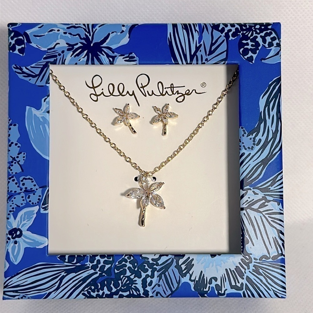 Lilly Pulitzer Gold w/ Crystals Palm Tree Earrings and Necklace Box Set - NWT